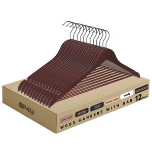 Wooden Hangers with Pants Bar for Jackets, Coats, Suits, and Shirts (Dark Cherry)