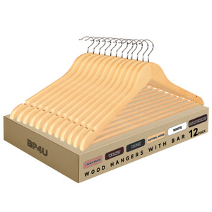 Wooden Hangers with Pants Bar for Jackets, Coats, Suits, and Shirts (Natural Wood)