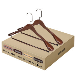 Wide Shoulder Wooden Hangers, Non-Slip Suit Hangers with Locking Bar for Suits, Jackets (Walnut)