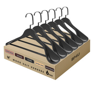 Wooden Suit Hangers with Non Slip Pants Bar, 2-Pack Wood Extra-Wide Shoulder Hangers (Black)