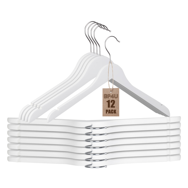12-Pack Wooden Hangers without Bar for Jackets, Coats, Suits, and Shirts (White)