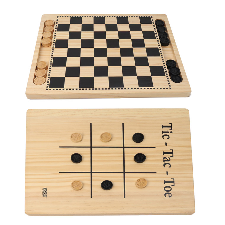 2-in-1 Natural Wood Checkers & Tic-Tac-Toe Game Set