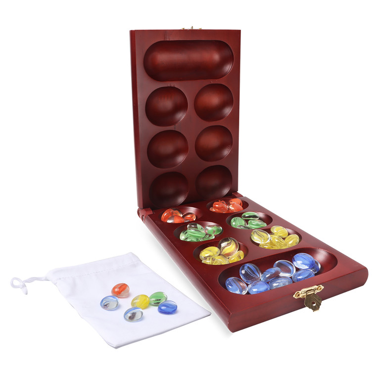 Folding Mancala Game with Glass Stones - Mahogany