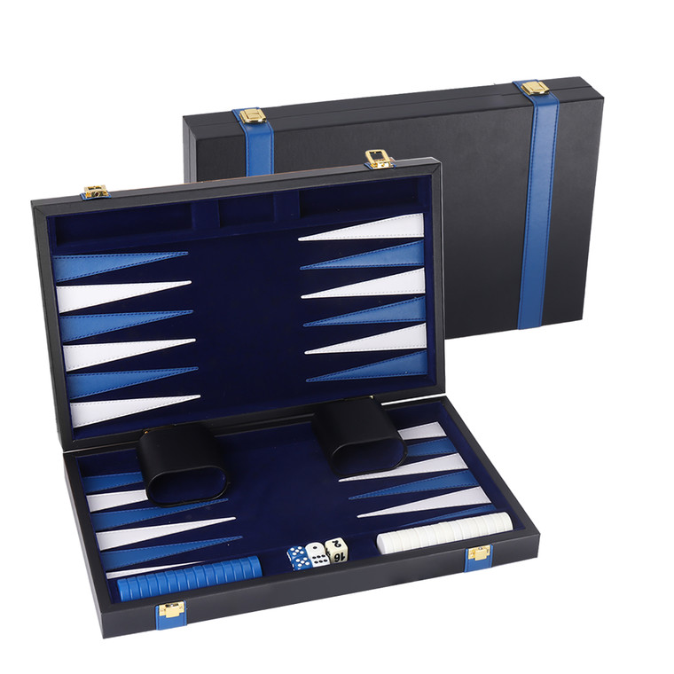 Travel Size Leather Backgammon Game Set (Black & Blue)