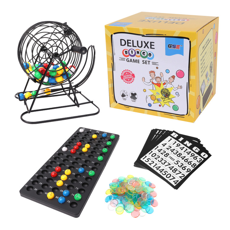 Deluxe Bingo Game Set with Bingo Cage and Master Board, 75 Bingo Balls, 150 Chips, 18 Bingo Cards