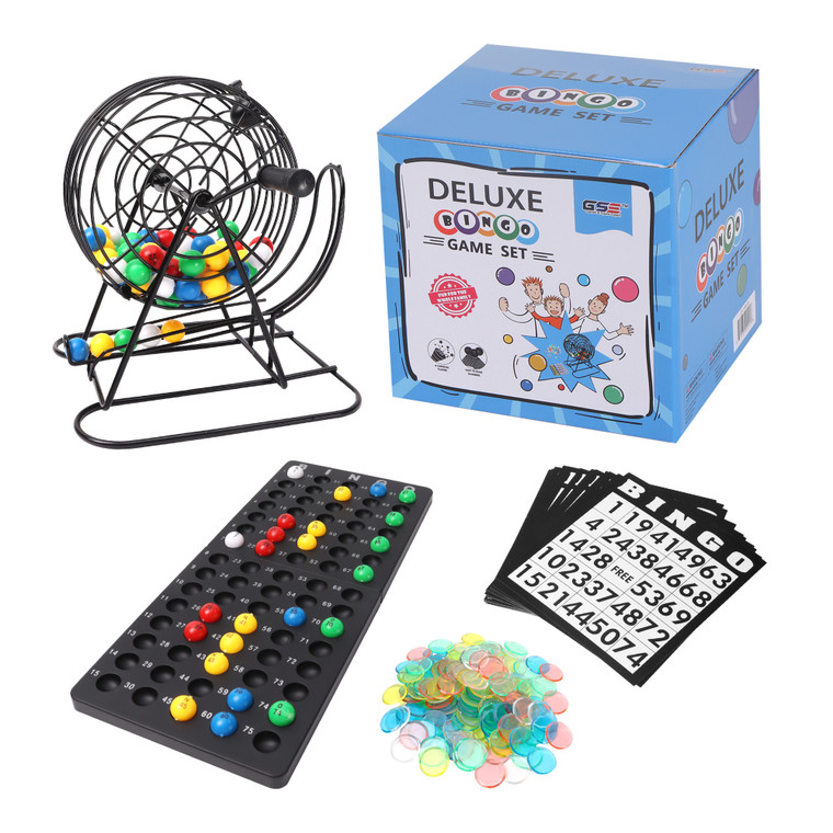 Deluxe Bingo Game Set with Bingo Cage and Master Board, 75 Bingo Balls, 300 Chips, 50 Bingo Cards