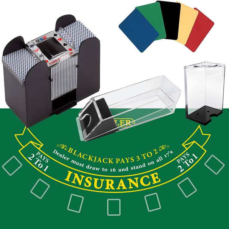 Blackjack Game Set with Blackjack Felt, Card Shuffler, 6 Dealer Shoe, Discard Holder Tray, Cut Cards