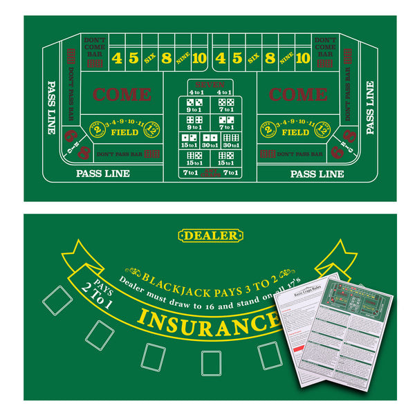 Las Vegas Style Casino Black Jack and Craps Layout Mat with Instructions and Strategy Chart