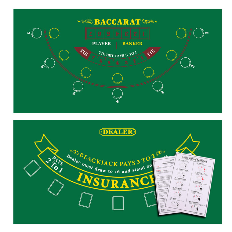 Las Vegas Style Casino Black Jack and Mini Baccarat Layout Mat with Instructions and Strategy Chart