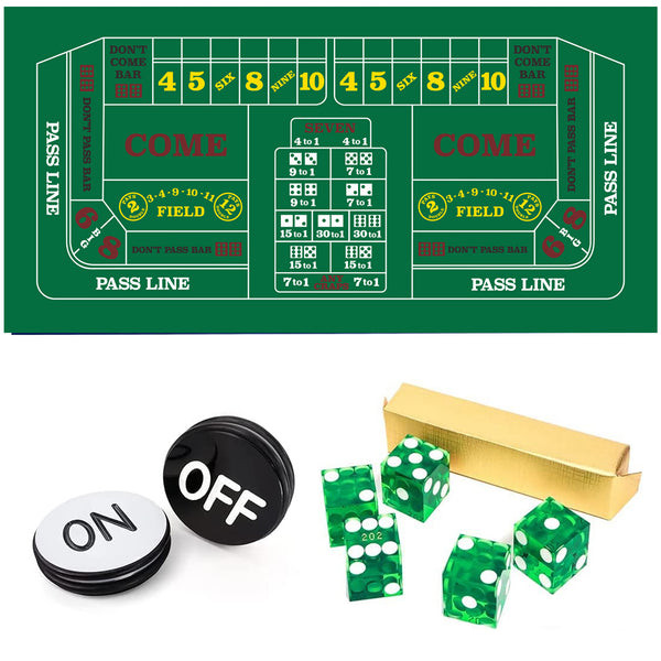 Craps Game Set. Including 5 Pieces 19mm Dice, 3" Craps On/Off Dealer Puck Button (Green)