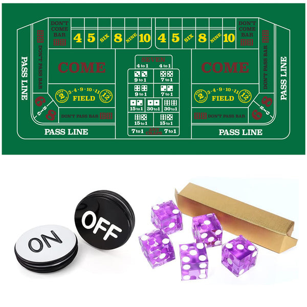 Craps Table Top Game Set, Including A Craps Layout Felt, 5 Casino Dice and A Craps ON/Off Button