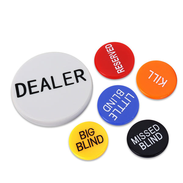 Set of 6 Professional Little Blind, Big Blind, Missed Blind, Kill, Reserved, Dealer Puck Buttons