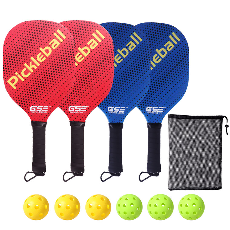 Pickleball Paddles Set with 4 Pickleball Rackets & 6 Indoor/Outdoor Pickle-Balls & Mesh Carrying Bag