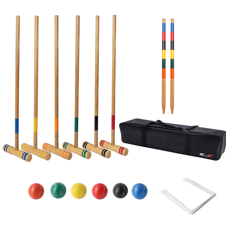 Six Player Croquet Set with Deluxe Wooden Mallets,Colored Balls, Sturdy Carrying Bag for Adults & Kids
