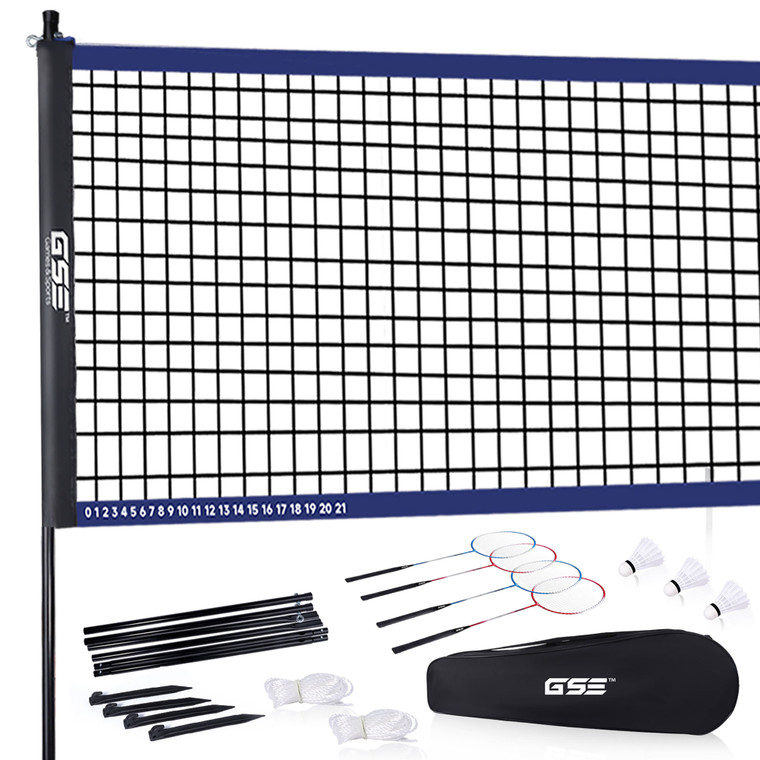 Recreational Badminton Complete Set with Portable Badminton Net, 4 Badminton Rackets, 3 Shuttlecocks & Carrying Bag