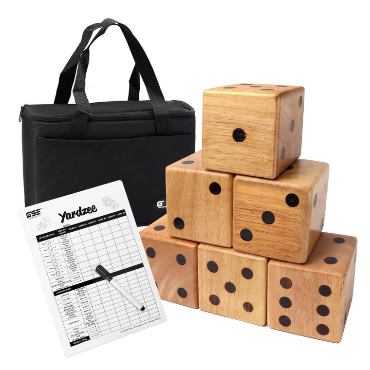 3.5-Inch Premium Oak Giant Yard Dice Set with Carrying Bag and Yardzee & Farkle Scorecard.