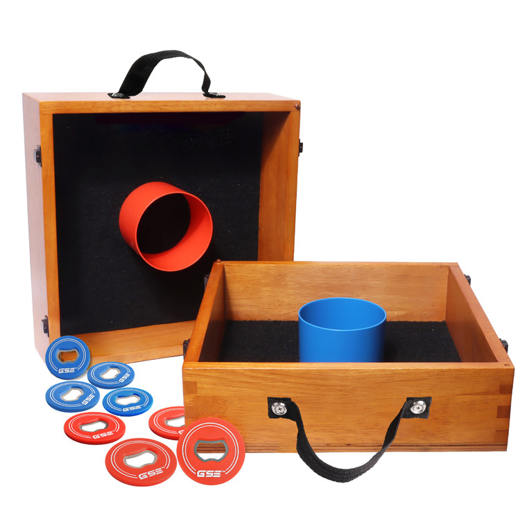 Quality Outdoor Solid Wood Washer Toss Game Set with Set of 8 Replacement Washers- Oak