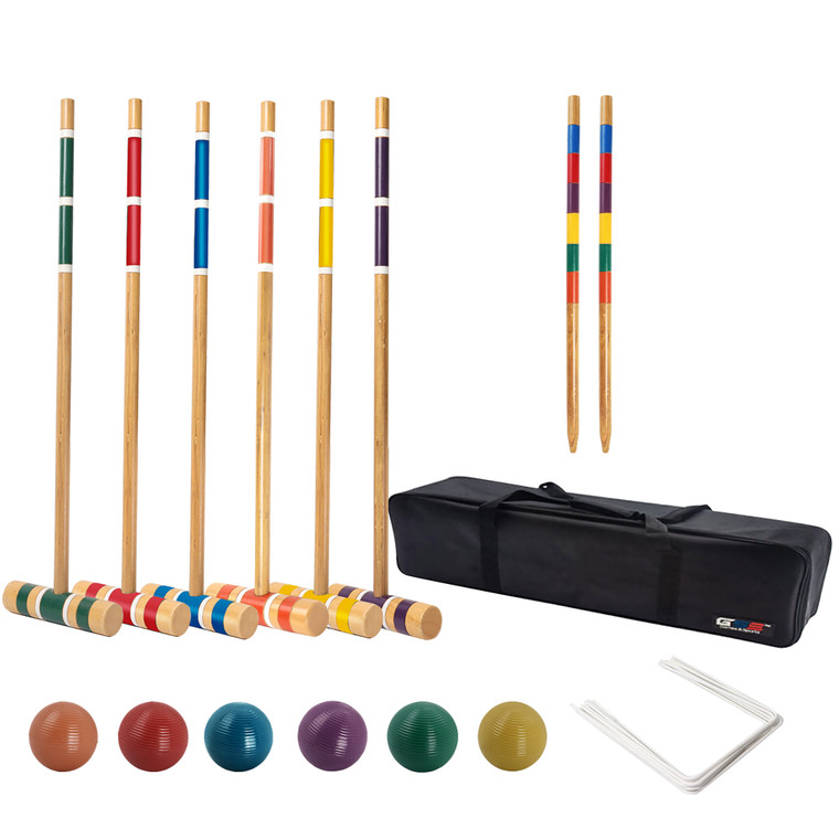 Six Player Croquet Set with Classic Wooden Mallets, Colored Balls, Sturdy Carrying Bag for Adults & Kids