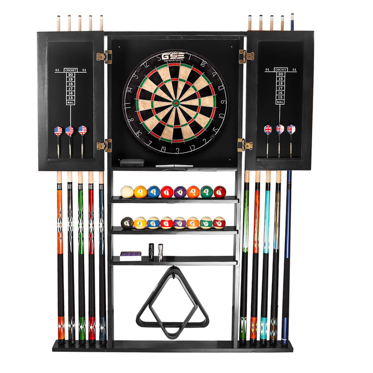 Wood 10 Pool Cue Rack & Dartboard Cabinet Combination-Black