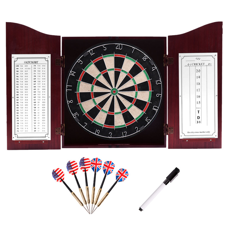 Dartboard Cabinet with Sisal/Bristle Dartboard, Dart Scoreboard, and 6 Steel Tip Darts(Deluxe Cherry)