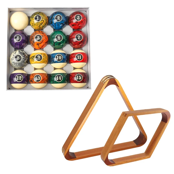 2-1/4" Dark Marbelite Swirl Style Pool Balls Set with Black Pool Ball Racks Set-Oak