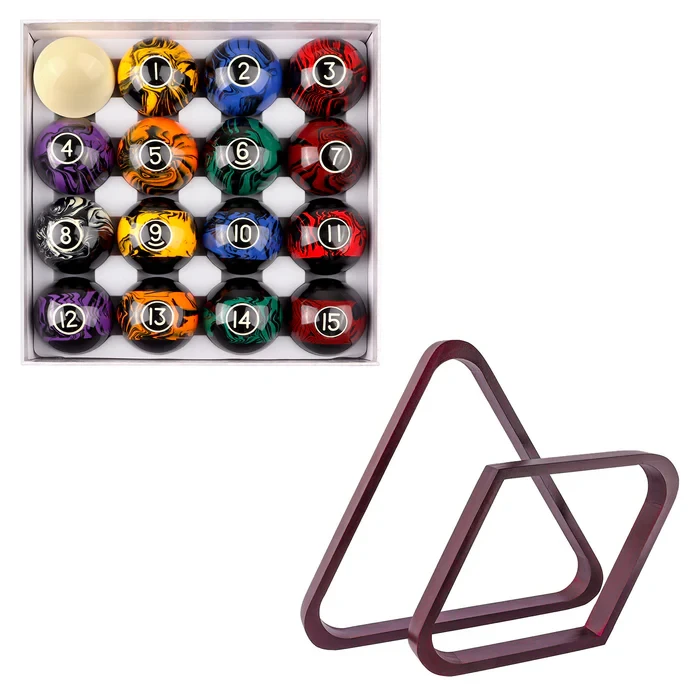 2-1/4" Black Marbelite Swirl Style Pool Balls Set with Pool Ball Racks Set-Mahogany