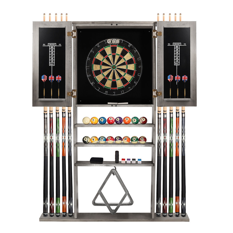Wood 10 Pool Cue Rack & Dartboard Cabinet Combination-Brushed Grey
