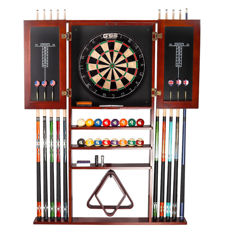 Wood 10 Pool Cue Rack & Dartboard Cabinet Combination-Mahogany