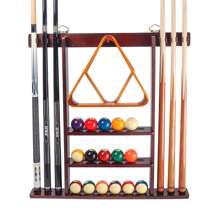 Woodwn 6 Pool Cue Wall Mounted Rack-Mahogany