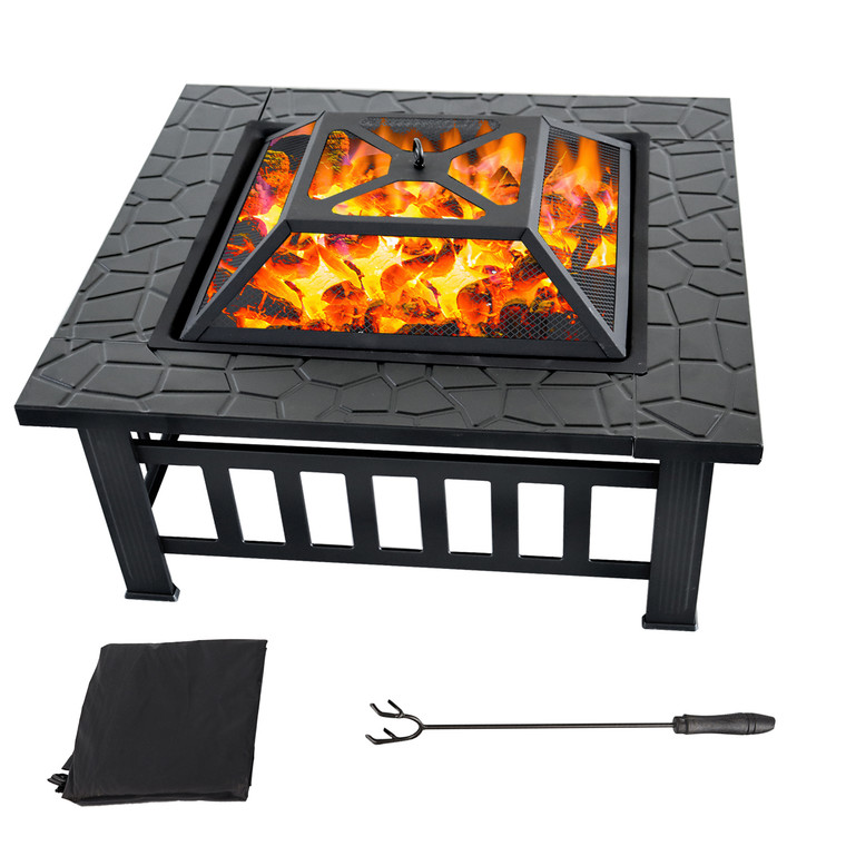32" Heavy Duty Fire Pit Table with Spark Screen Cover Log Grate and Poker for Bonfire, Party