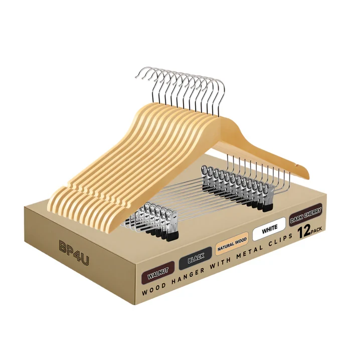 Wooden Hangers with Adjustable Metal Clips (Natural Wood)