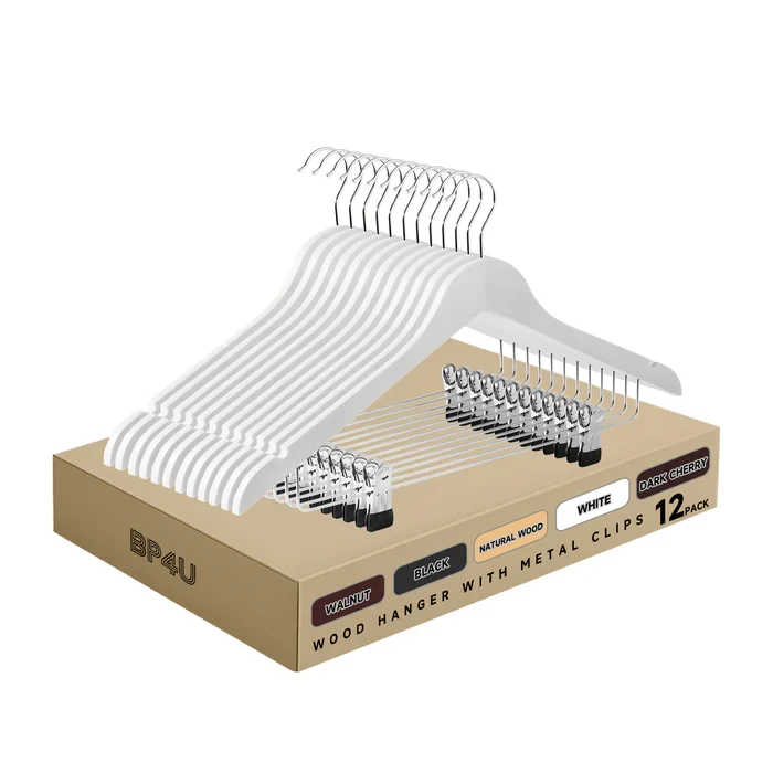 Wooden Hangers with Adjustable Metal Clips (White)