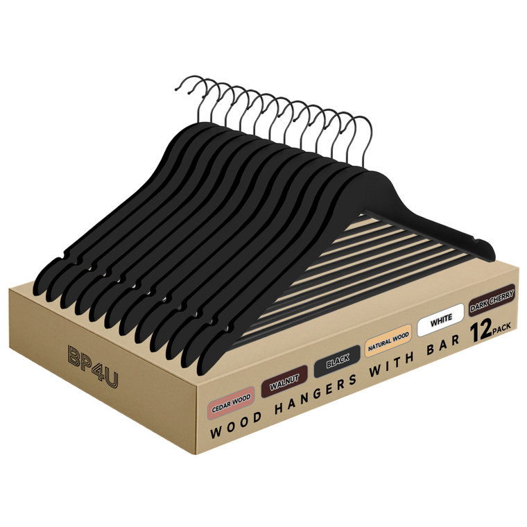 Wooden Hangers with Pants Bar for Jackets, Coats, Suits, and Shirts (Black)