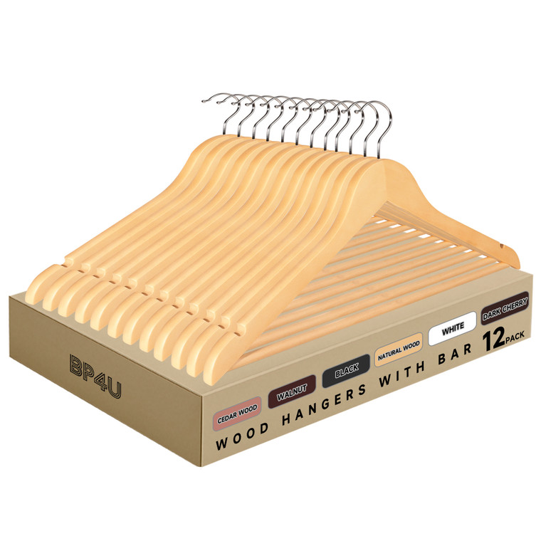 Wooden Hangers with Pants Bar for Jackets, Coats, Suits, and Shirts (Natural Wood)