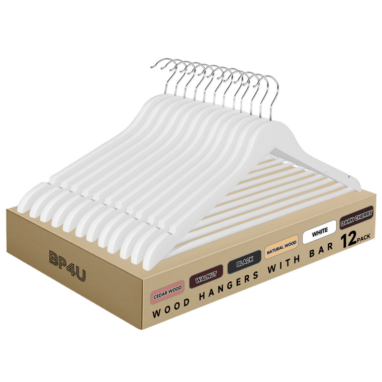 Wooden Hangers with Pants Bar for Jackets, Coats, Suits, and Shirts (White)