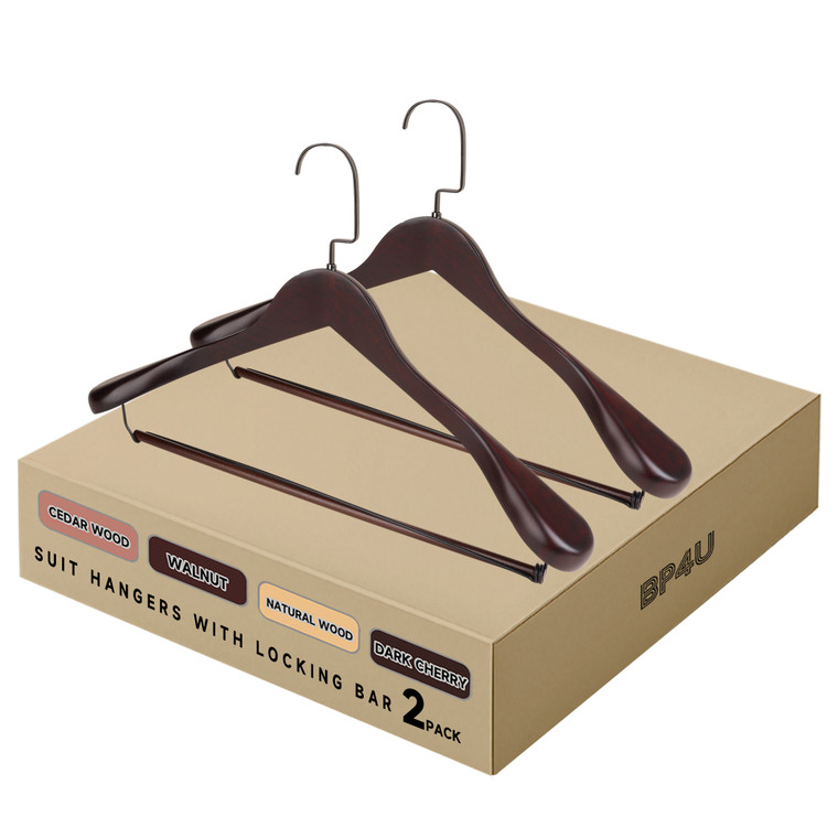 Wide Shoulder Wooden Hangers, Non-Slip Suit Hangers with Locking Bar for Suits, Jackets (Dark Cherry)