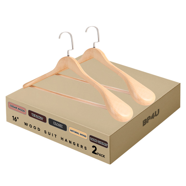 Wooden Suit Hangers with Non Slip Pants Bar, 2-Pack Wood Extra-Wide Shoulder Hangers (Natural Wood)