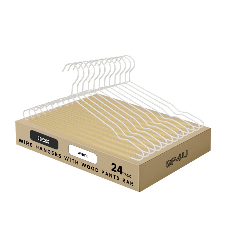 Wire Hangers with Wood Pants Bar for Dresses, Pants, Sweaters, Jackets, and Heavy Clothe (White)