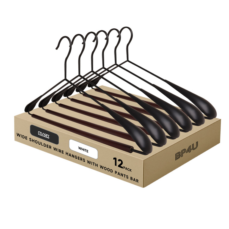 Wide Shoulder Wire Hangers with Wood Pants Bar for Suits, Pants, Jackets, Coats, Sweaters (Black)