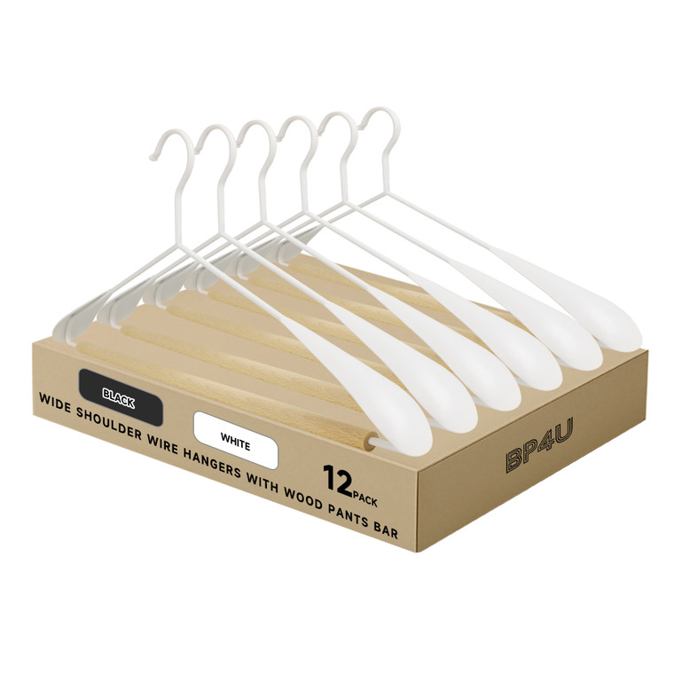 Wide Shoulder Wire Hangers with Wood Pants Bar for Suits, Pants, Jackets, Coats, Sweaters (White)