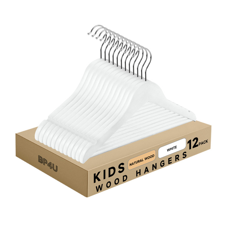 Kids Wooden Hangers with Pants Bar and 360° Rotatable Hook for Dress, Coats, and Jacket (White)