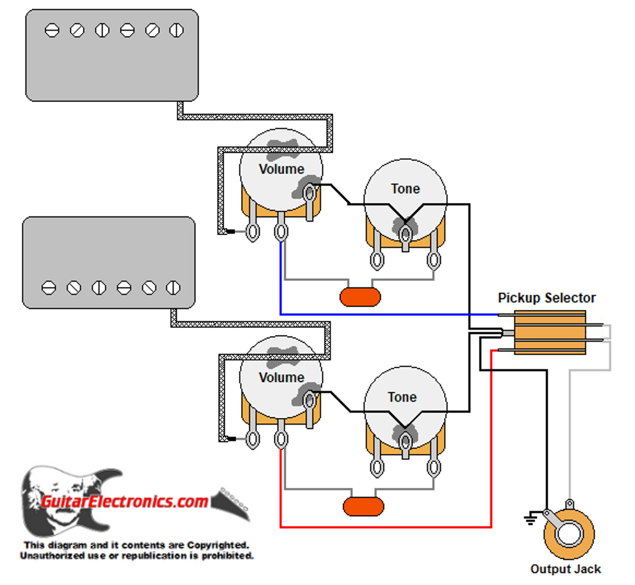 Gibson Style Guitar Wiring Diagram (vintage) Humbuckers/3-Way Lever Switch/2 Volumes/2 Tones/Vintage