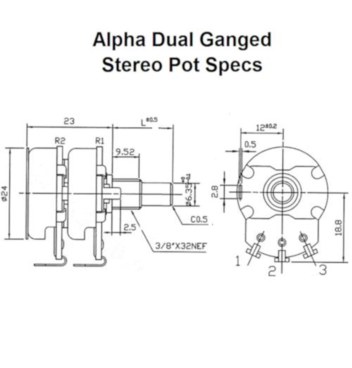 Alpha 500K Audio Taper Dual Ganged Stereo Control Pot Specs