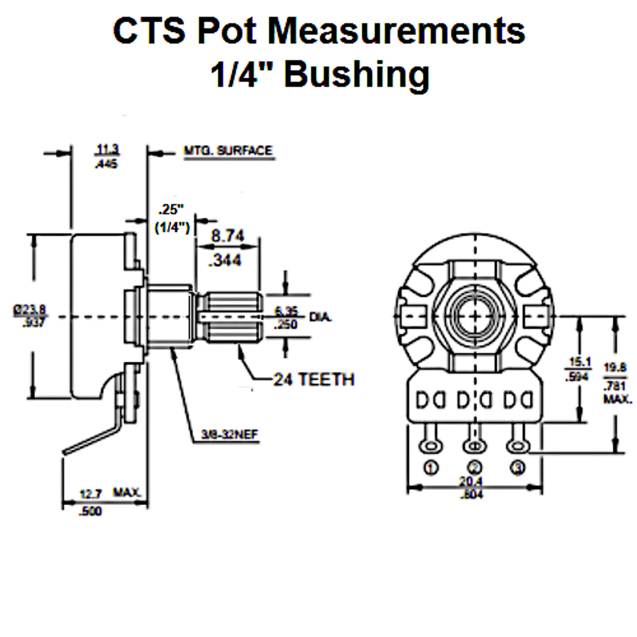 CTS 250K Audio Taper Pro Guitar Pot w/ Brass Shaft (1/4" Bushing)