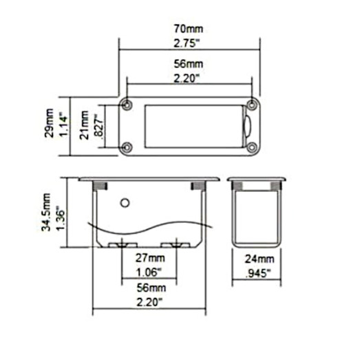9 Volt Battery Box for Guitar & Bass w/ Leads & Top Screw Holes - Dimensions