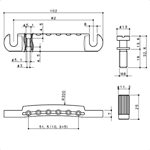 Gotoh Stop Tailpiece w/ Metric Thread Studs Dimensions
