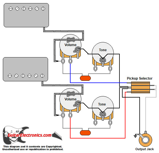 Gibson Style Guitar Wiring Diagram w/ 2 Humbuckers/3-Way Toggle Switch/2 Volumes/2 Tones