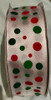 White Satin Ribbon with Green/Red Polka Dots - per metre White Satin Ribbon with Green/Red Polka Dots - per metre