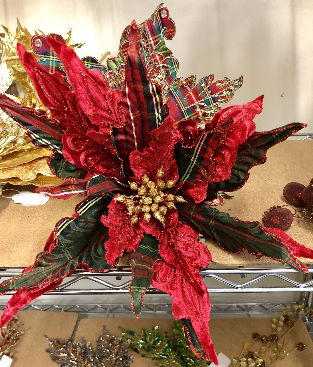 Plaid/Red Poinsettia Clips