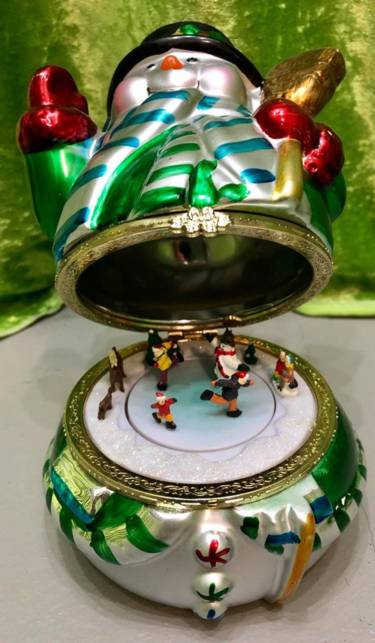 Flip-top Wind-up Ceramic Snowman Music Box w Rotating Snow Scene